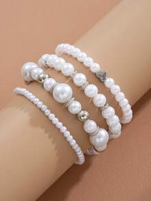 4 件套时尚优雅夸张仿珍珠心形串珠手链套装，多层堆叠袖口手镯，女士节日派对约会日常配饰，高品质珠宝，快速发货