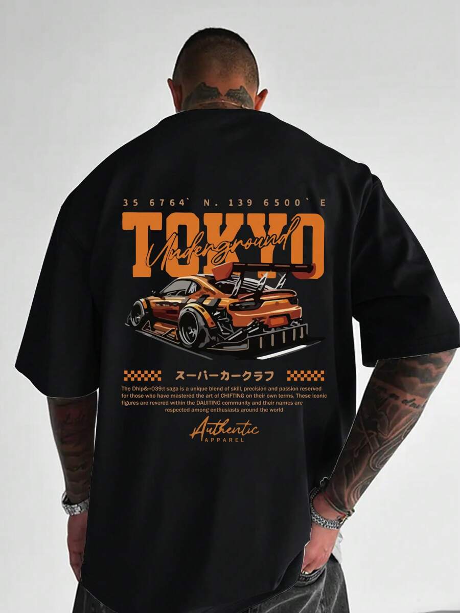 Plus Size Men's Summer Racing Letter Print Round Neck Short Sleeve Casual T-Shirt