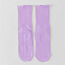 1 Pair Of Yoga Socks For Women, Mid Tube Women's Socks, Anti Slip Sports, Solid Color Rolled Edge Sports Socks, Lace Elastic Socks