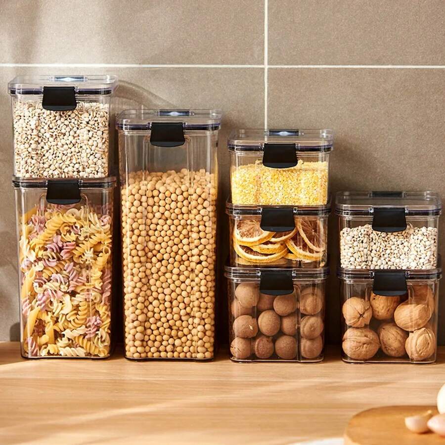 Tarros Sellados Organizador de Almacenamiento de Granos de Cocina Tanque Grande Caja de Almacenamiento de Plástico a Prueba de Humedad Juego de Tarros de Condimentos para el Hogar - Cubierta negra - Ver 1