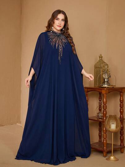 UNITHORSE Vestido maxi de mujer de talla grande elegante con cuello alto, manga larga y aplicaciones de gasa, para primavera