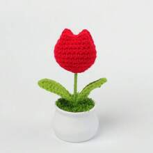 1pc Handmade Crocheted Yarn Simulation Tulip Potted Plant, Round Cute Woven Yarn Tulip, 1 Double Headed Stamen, 1 Triple Headed Flower Bud, Desktop, Car, Office, Home Decoration, Small Gift, Can Be Given To Family, Friends, Classmates, Birthdays, Teachers, Souvenirs, Night Market Camping Parties, Scenic Spots Easter