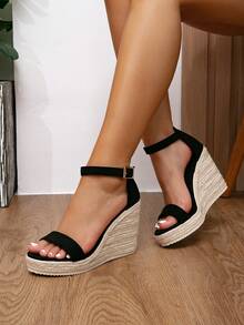 Women's Wedge Platform Waterproof Woven Slide Sandals, Braided Rope Strap Hollow Mid-Heel Open Toe Chunky High Heels, Fashionable Versatile Vacation Style - Black - View 2