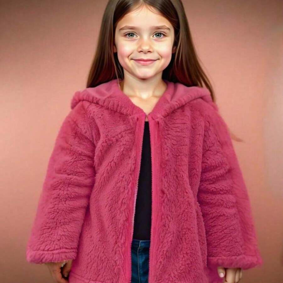 Children's And Youth Winter Cold Weather Blouse For Girls Teddy Coat With Hooded Hat Jacket - Màu Hồng Tươi - Xem 1