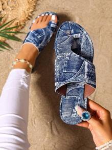 Damen Flache Sandalen im Westernstil 2025 Neu Sommer Leichtgewicht Komfort Große Größen Rutschfest Slip-On Strand Urlaub Lässig Pantoffeln, modisches einfaches Cartoon-Muster, stilvolle Personalisierung, wild