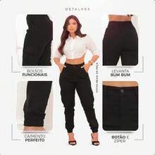 Women's High Waisted Cargo Jogger Pants Premium Twill Side Pocket, Women's High Waisted Cargo Jogger Jeans With Lycra, Women's High Waisted Butt Lifting Cargo Jeans - 黑色 - 查看 7