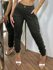 Women's High Waisted Cargo Jogger Pants Premium Twill Side Pocket, Women's High Waisted Cargo Jogger Jeans With Lycra, Women's High Waisted Butt Lifting Cargo Jeans - 軍綠色 - 查看 6