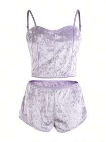 Womens Sexy Velvet Camisole Shorts Set Cute Bow Spaghetti Strap Solid Color Sleeveless Slim Sling Crop Top PJ Set With Shorts Lingerie Set Sleepwear Nightwear - 淺紫色 - 查看 2
