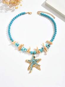 Travachic 1 件夏日海滩夏威夷风格绿松石双层不对称镂空海星吊坠项链，夸张设计绿松石串珠波西米亚高端海星项链，适合女士休闲和假日穿着