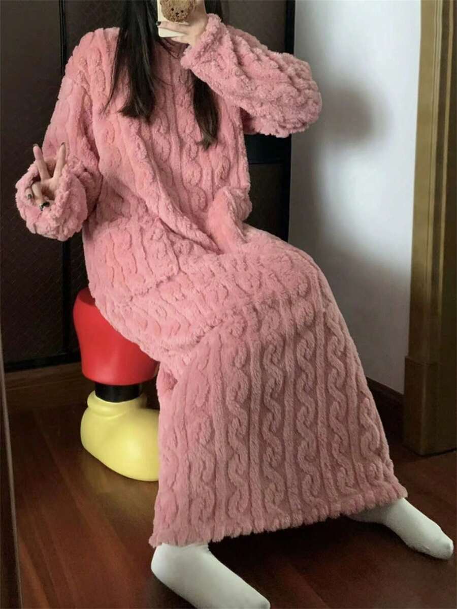 1pc Women Coral Fleece Full Length Robe, Warm Bathrobe For Outdoor Or Dormitory Use, Ankle Length, Autumn/Winter Back To School - Pink - View 1