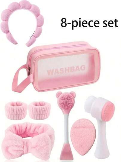 8 件套面部清洁套装、睡前常规护肤套装、深层清洁和美容水疗面膜刷套装、柔软头带、去角质刷、硅胶细节面部刷、带洗漱包的便携式护肤工具、洗脸腕带、卸妆腕带、化妆和护肤滴水清洁套 7/3/1 件套面部清洁护理套装、护肤头带、美容、护肤产品、水疗、自我护理、护肤工具、面部护理、美容师用品、皮肤、洗面奶、面部