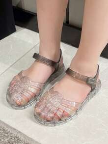 Sandalias de gelatina con brillo para niñas, sandalias de princesa, calzado informal y transpirable con combinación de colores para exterior y playa en verano - Plateado - Ver 4