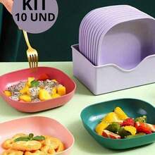 Kit Of 10 Reusable Plastic Plates With Multicolored Stand - Multicolor - Ver 2