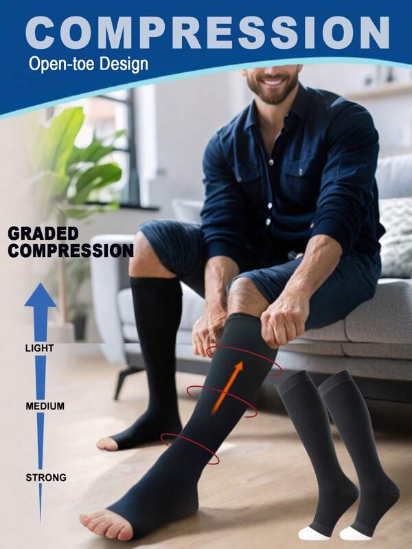 Calcetines hasta la rodilla de compresión media 25-30 mmHg con puntera abierta, elásticos y con efecto moldeador de pantorrilla, para unisex