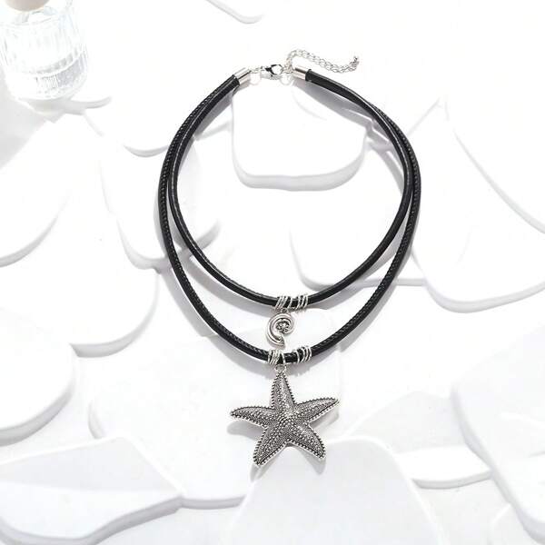 1pc Double Layer Leather Rope Ocean Style Necklace, Unisex