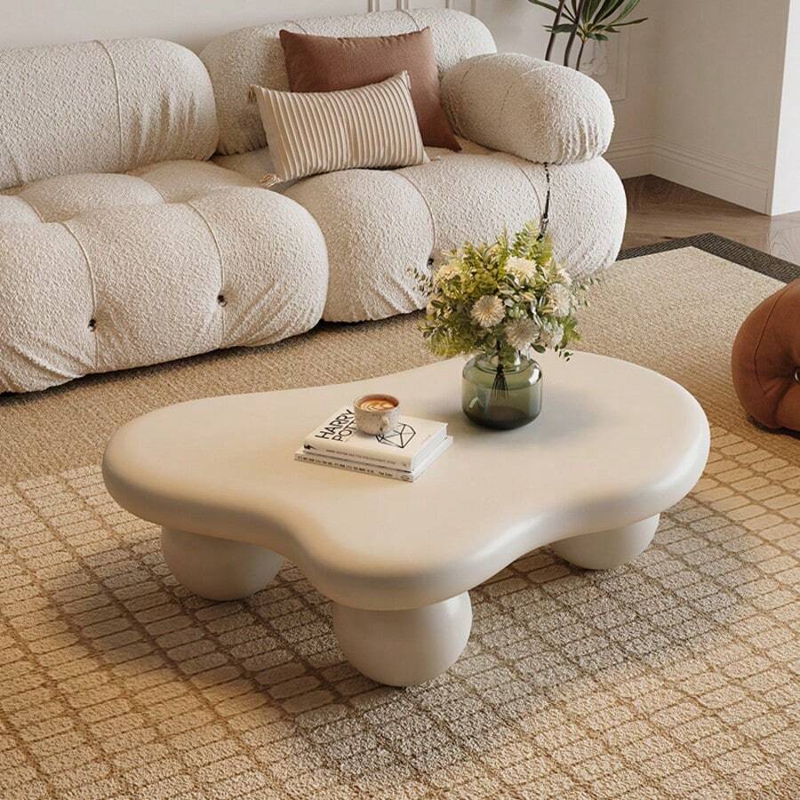 Mesa de centro de 40 pulgadas con forma de nube y 3 patas con bolas para la sala de estar, en color blanco crema/negro - Crema blanca - Ver 1