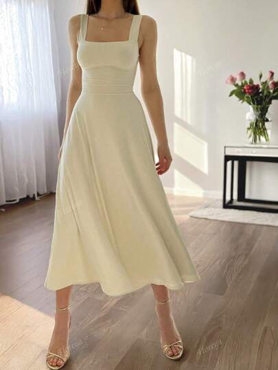 Floreya Solid Color Casual Elegant Midi Dress, Suitable For Evening Dates, Parties, Weddings, Spring/Summer, White