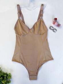 Body Modelador Feminino Adulto Sem Bojo Sem Aro Feminina Alça Reforçada Regulagem Metal Suplex com Fundo de Algodão - Bege - Visão 4