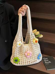 Hollow Floral Knit Bag, Oversized Casual Vacation Tote Bag, Large Capacity Woven Women's Commuter Beach Bag, Fashion Shoulder Shopping Handbag