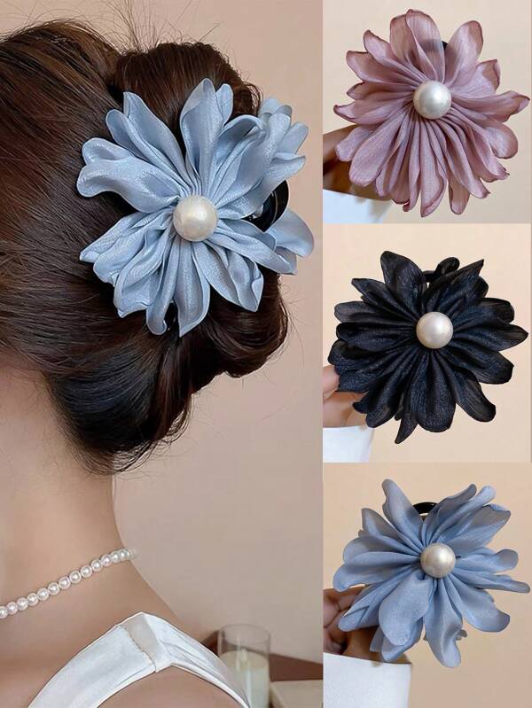 1pc Flower Print Elegant ABS Plastic Hair Claw Clip, Fabric Flower & Pearl, Fresh Sweet Summer Hair Claw, High-End Elegant Hair Accessory