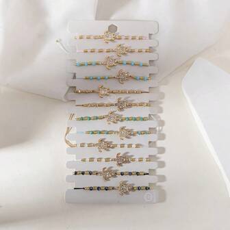 12 件/套时尚海洋风格多色串珠金金属海龟镶嵌仿钻石可调节手链套装，适合女士、男士、情侣、婚礼、照片、海滩、旅行、派对、女神节、毕业典礼、母亲节礼物