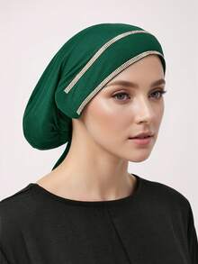 1件装女士纯色水钻内衬头巾，弹性发带设计，内衬头巾，优雅时尚，适合日常佩戴和祈祷时穿着。 - 雙排燙鑽綁帶帽 - 查看 16