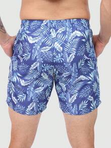 Men's Basic Blue Foliage Tactel Shorts With Pockets And Drawstring For Beach, Training, Running - Multicolor - View 4