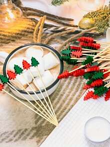 50/100/150/200 件节日圣诞树鸡尾酒签 - 竹牙签配红色和绿色顶饰，适合开胃菜、三明治、水果、甜点 - 完美的节日派对配件