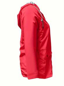 Jacket With Striped Lining And Zipper, Casual Long-Sleeved Hooded Jacket With Drawstring For Autumn And Winter, Women's Clothing, Women's Outdoor Windproof Hooded Jacket With Striped Lining, Button And Adjustable Drawstring Closure For Autumn/Winter, Windbreaker Jacket, Durable Outdoor Clothing - 紅色 - 查看 3