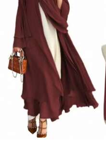 1 Set Women 2-Layer Skirt Pleated Chiffon Abaya Cardigan Long Robe, Casual Muslim Islamic Loose Dress Suitable For Daily & Festival Occasions - Apricot - View 6