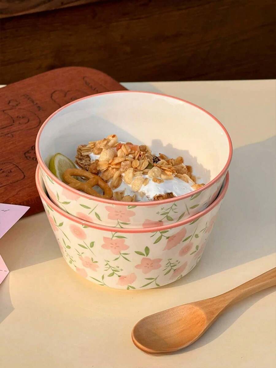 Bộ đồ ăn hoa hồng Ditsy 1 chiếc, đĩa hoa Ditsy sang trọng, bát đựng salad rau, bát đựng yến mạch ăn sáng, bát đựng cơm, thích hợp cho gia đình, nhà hàng, cửa hàng tráng miệng, tụ họp, tiệc tùng, quà tặng, đồ dùng học tập - hồng - Xem 1