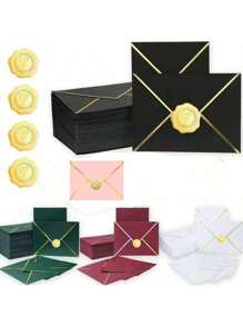 10pcs-50pcs Paper Envelopes With Thank You Stickers For Invitations With Gold Border, Gift Cards Envelopes Self Adhesive Invitation Envelopes With V-Flap, Great For Graduation, Invitation, Baby Shower, Wedding,School Supplies,Back To School