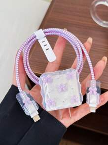 5pcs Small Purple Bow And White Pearls Design Mobile Phone Charger Set 20W/18W, Charging Cable Protection Rope, Charging Head Protection Case, Compatible With IPhone Charger Cable Protector, Charger Accessories, Phone Accessories