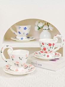 1 Set Taza de café de cerámica pintada a mano con plato, de estilo floral, de gran tamaño para uso doméstico y regreso a la escuela