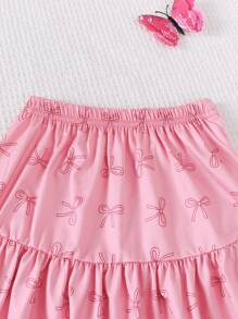 2pcs Girl Butterfly Pattern Ruffle Sleeve Top & Skirt Set, Fashionable Outfit For 4-7Y Girls, Suitable For Outdoor/Party Occasions