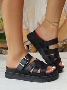 Novos chinelos de sola grossa para o verão de 2025, sandálias de praia versáteis com fivela da moda, chinelos casuais plus size e desleixados - Preto - Ver 2