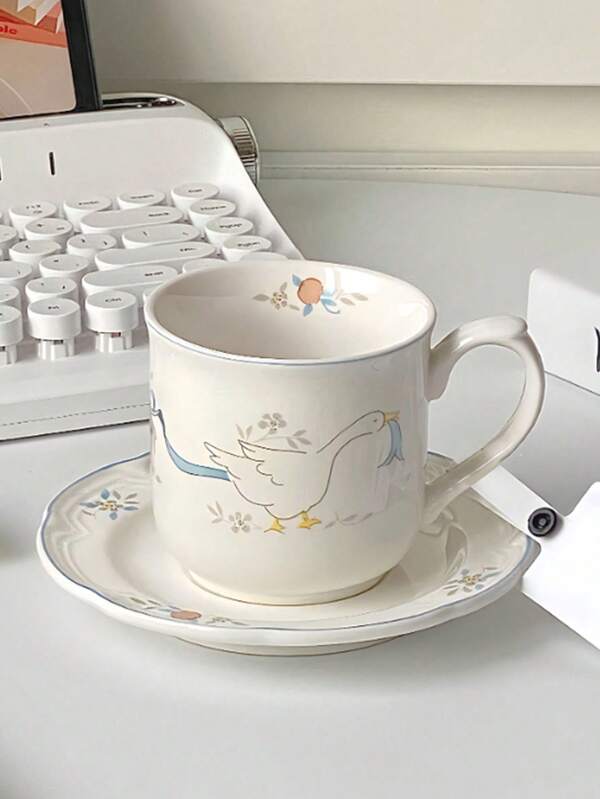 1 pieza Taza de porcelana y 1 pieza Plato, diseño de ganso de dibujos animados lindos para taza de oficina y plato de cena para la cocina, regalos de Halloween y Navidad