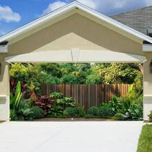 1pc 2D Backdrop Banner, Forest Courtyard Fence Landscape Garage Door Banner - Festive Polyester Decor With Vivid Green Plants And Wooden Fencing Design, Ideal For Adding Seasonal Ambiance To Home, Natural Style Durable Outdoor Banner For Garage Decoration