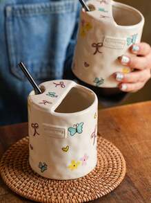 1 pieza Vaso térmico lindo y colorido con diseño de mariposa, taza de café con agarre en forma de corazón para chica, taza creativa y elegante para té con leche, taza de cerámica como regalo, regalo de cumpleaños/inauguración de casa