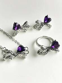 4pcs/Set Exquisite Girly Pink Heart & Bowknot Necklace, Ring, Earring Jewelry Set, Suitable For Women's Daily Wear, Ideal Valentine's Day Gift For Girlfriend,Mom,Mother,Mother's Day,Gift