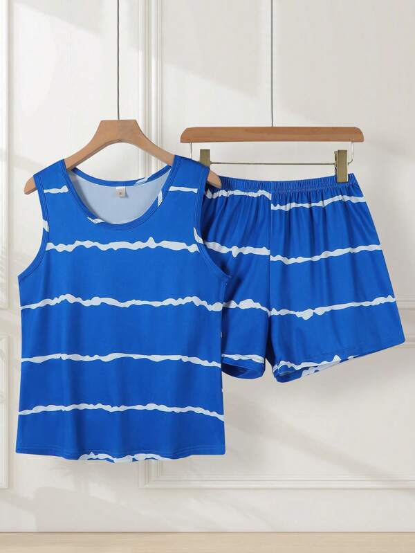2pcs Women Striped Print Casual Homewear Set, Includes Round Neck Camisole Top And Shorts, Lightweight & Comfortable, Summer