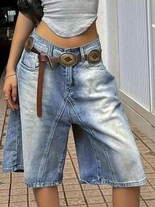 Women's Loose Fit Patch Pocket Wide Leg Bermuda Denim Shorts Casual Summer - Light Wash - View 2