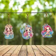 6 piezas Kits de pintura de diamante 5D para llaveros DIY, belleza de dibujos animados, llavero de arte de diamante con patrón de sirena, llavero de mosaico hecho a mano apto para principiantes