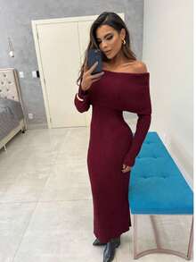 Vestido Feminino Trico Dress Manga Longa Canelado Ombro a Ombro Modal Premium Moura Tricot - Vinho - Visão 4