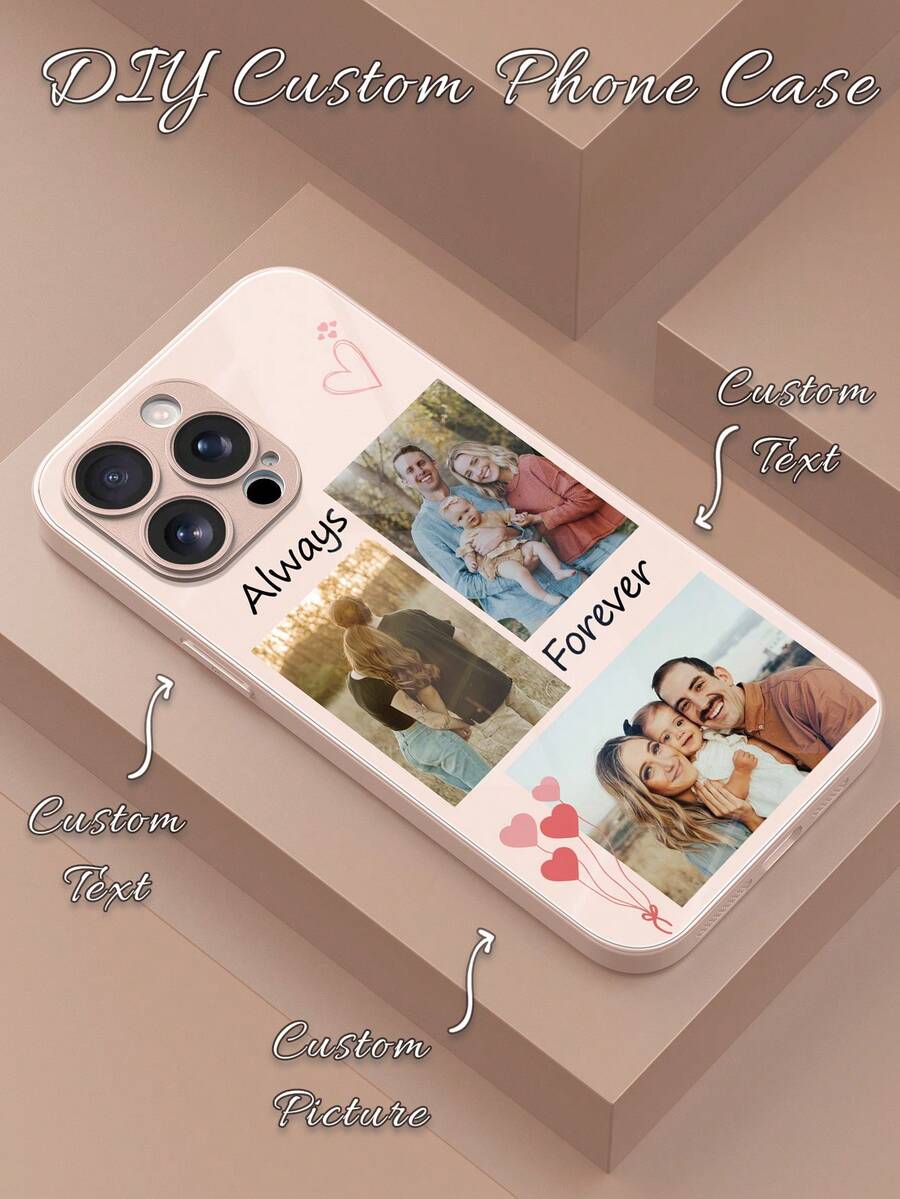 1pc Customized DIY Creative Phone Case, Personalize With 3 Photos And 2 Names, Unique High-Definition Glass Phone Case Compatible With Samsung S24 Ultra/S25 Ultra And 17 Pro Max/16 Pro Max/15 Pro/14 Plus/13 Pro/12 Pro Max/11/Xs Max/8/7/6 Plus, Fashionable, Sweet, Wedding, Family Portrait, Best Gift For Friends, Father, Mother, Boyfriend, Girlfriend,International Version, Not The Domestic Version - Pink - View 1