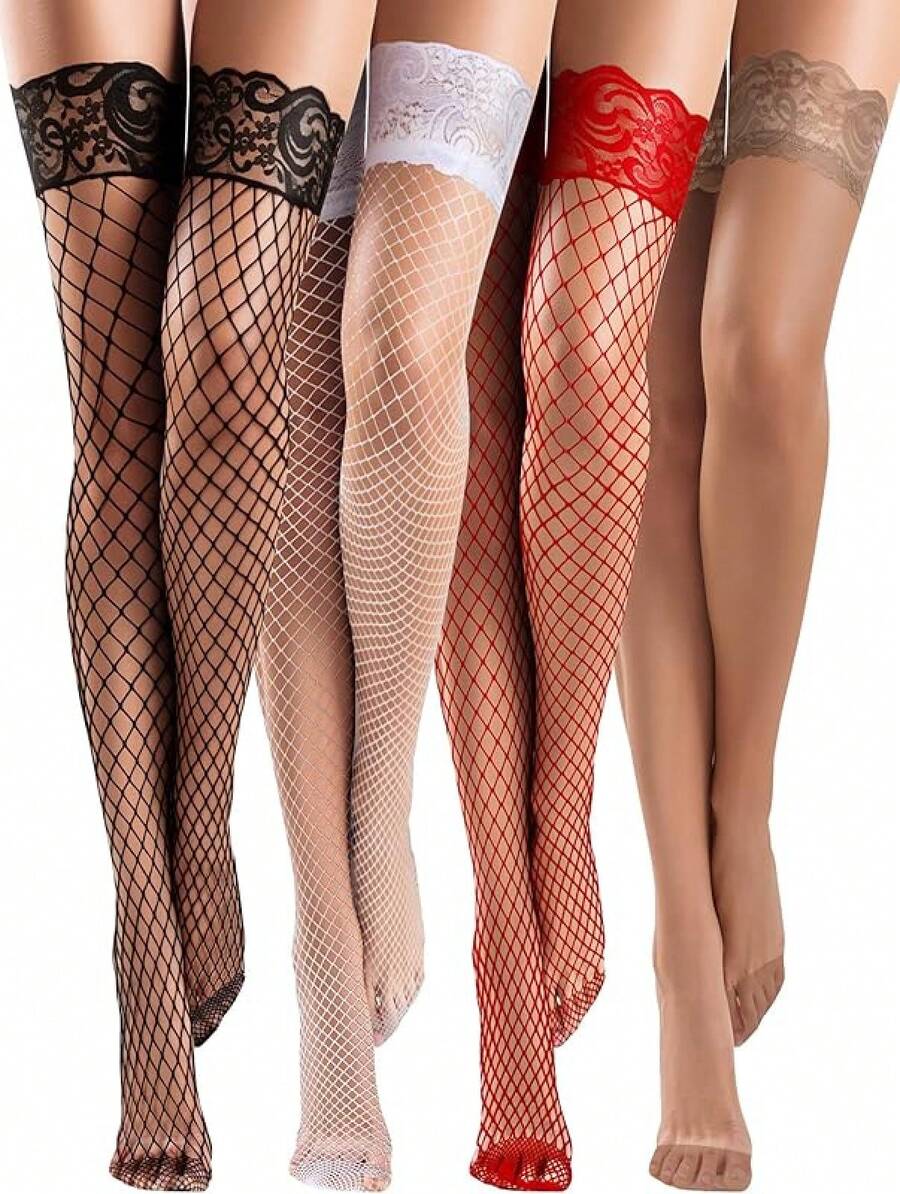 Bencailor 4 Pairs Fishnet Thigh High Stocking For Women Silicone Lace Top Sheer Over Knee Silky Stockings - Red, White, Black, Coffee - 查看 1