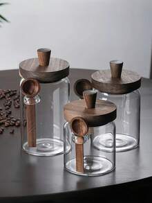 1 Piece Glass Coffee Jar Set, Glass Storage Jar With Wooden Lid And Spoon, Transparent Airtight Container, Airtight Food Storage Jar For Food, Nuts, Candy, Spices, Kitchen Organization