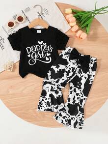 2pcs Baby & Toddler Girls' Casual Cute Puff Sleeve Letter Print T-Shirt And Cow Print Bow Hem Pants Set, Spring/Summer