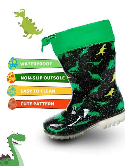 Boy  Dinosaur  Rain Boots Kids Glitter Waterproof Boots Outdoor Slip-Resistant Classic Style Waterproof Pull Cord Tie Up Rain Shoes