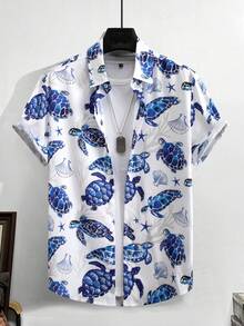 Men's Casual Turtle & Shell Print Short Sleeve Shirt, Summer - Multicolor - View 1